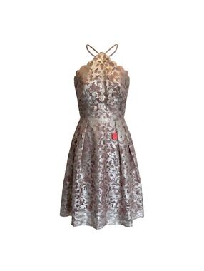 Chi Chi London Halter Floral Lace Metallic Midi Dress in Blush and Silver